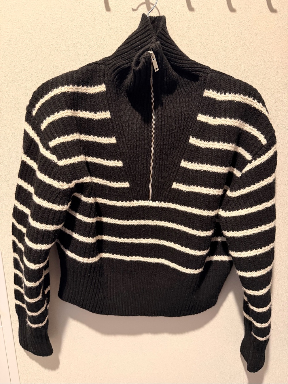 COS Black and White Striped Half-Zip 100% Wool turtleneck Sweater